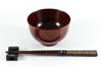 汁椀 紅欅と箸 彫金桜
